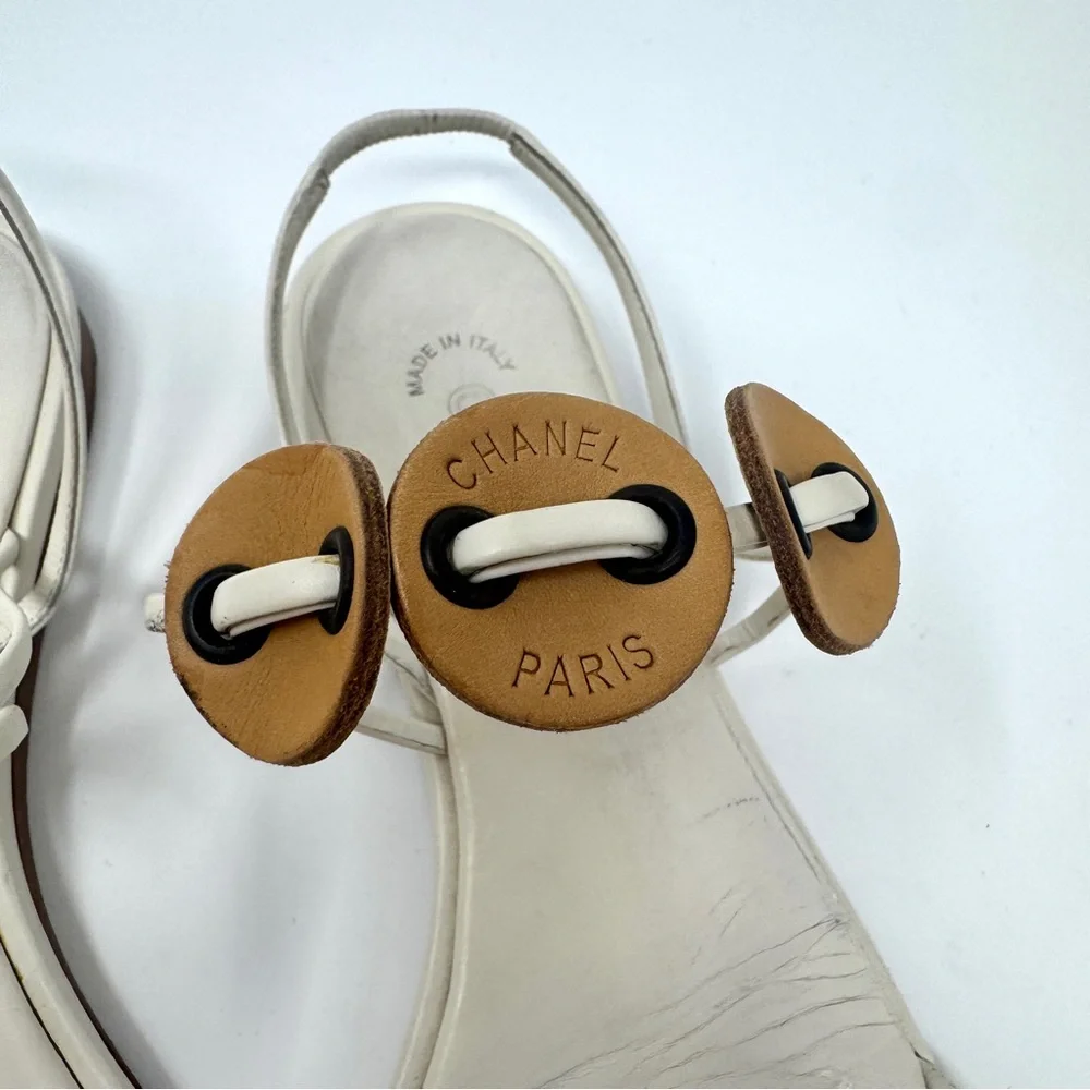 Chanel Flat Thong Sandals Cream with Brown Leather Medallions